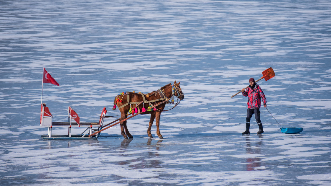 Atlı kızaklar Çıldır Gölü'ne çıkmaya başladı